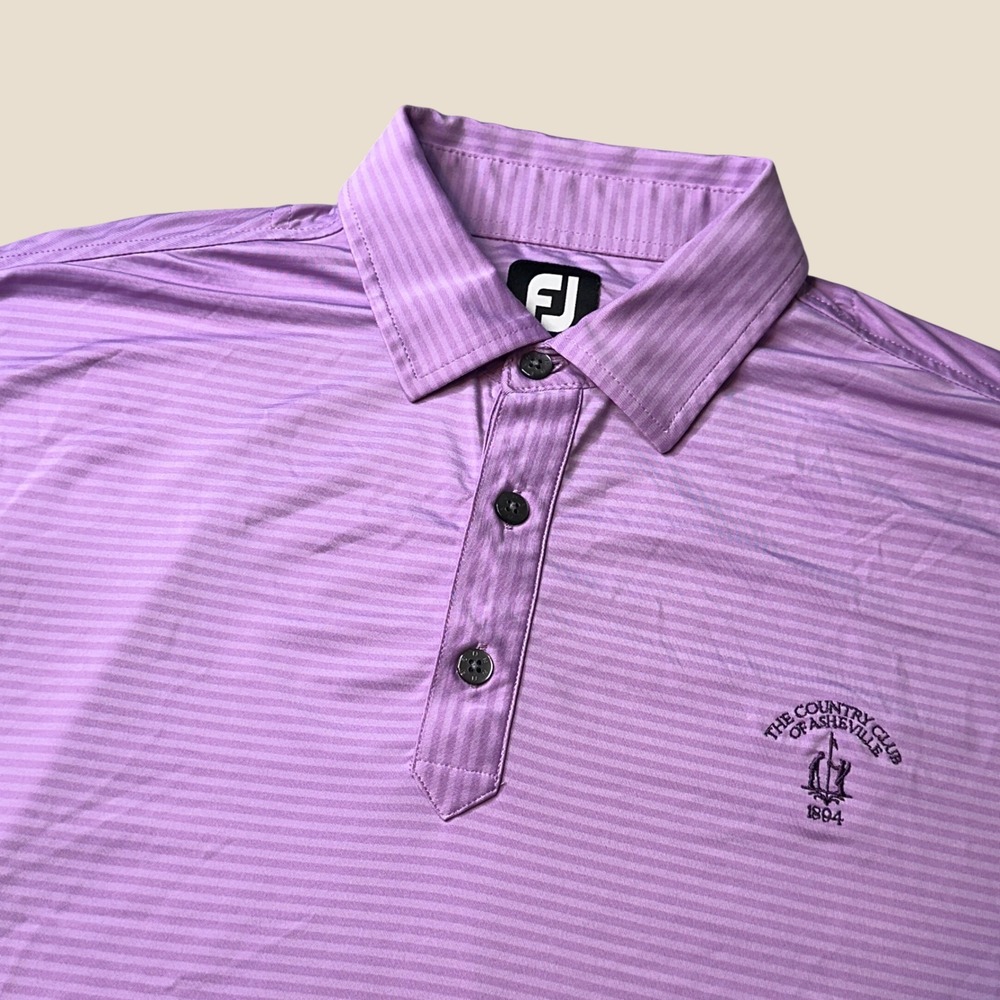 FootJoy Polo Shirt Mens L Purple Striped Country Club of Asheville Short Sleeve